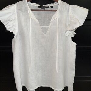 Marc New York 100% Pure Linen Top White Flutter Sleeves Blouse Boho Chic Size L